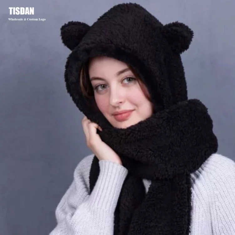Custom Bear Ear Plush in Hat Scarf Gloves Set Black – Winter Warm Hooded Scarf Small MOQ OEMODM ()