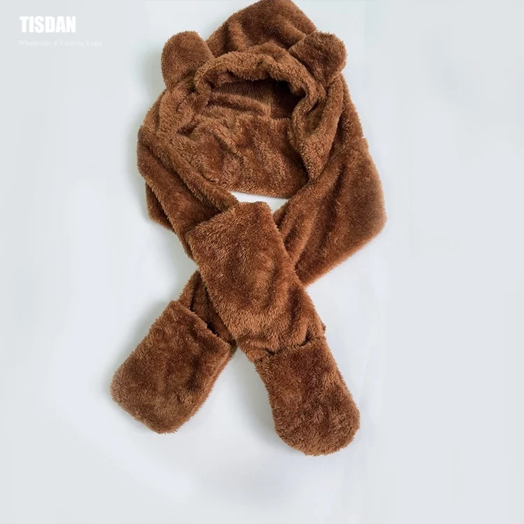 Custom Bear Ear Plush in Hat Scarf Gloves Set Brown – Winter Warm Hooded Scarf Small MOQ OEMODM
