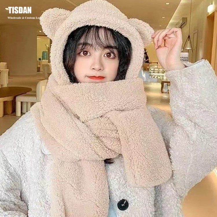 Custom Bear Ear Plush in Hat Scarf Gloves Set Cream – Winter Warm Hooded Scarf Small MOQ OEMODM
