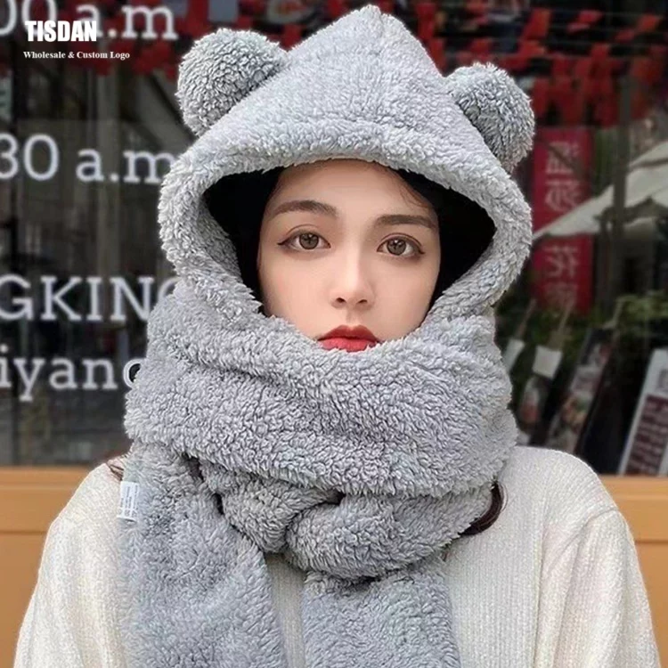 Custom Bear Ear Plush in Hat Scarf Gloves Set Gray – Winter Warm Hooded Scarf Small MOQ OEMODM