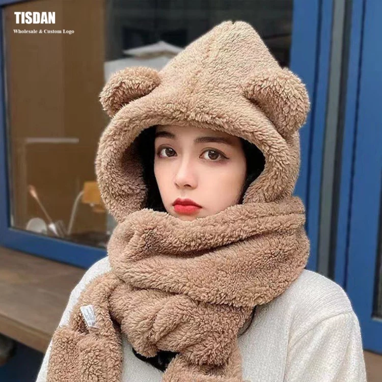 Custom Bear Ear Plush in Hat Scarf Gloves Set Khaki – Winter Warm Hooded Scarf Small MOQ OEMODM