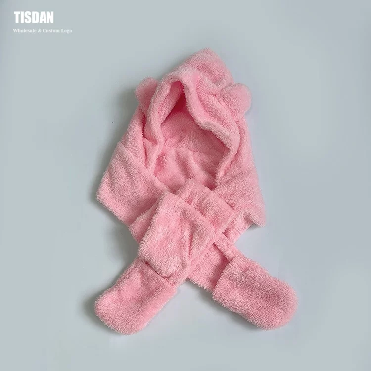Custom Bear Ear Plush in Hat Scarf Gloves Set Pink – Winter Warm Hooded Scarf Small MOQ OEMODM