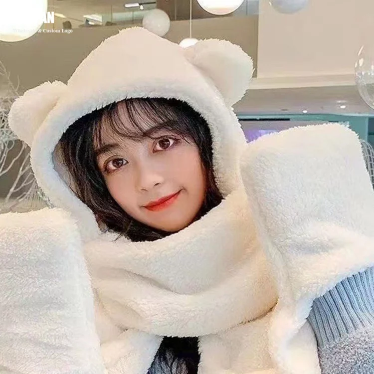 Custom Bear Ear Plush in Hat Scarf Gloves Set White – Winter Warm Hooded Scarf Small MOQ OEMODM