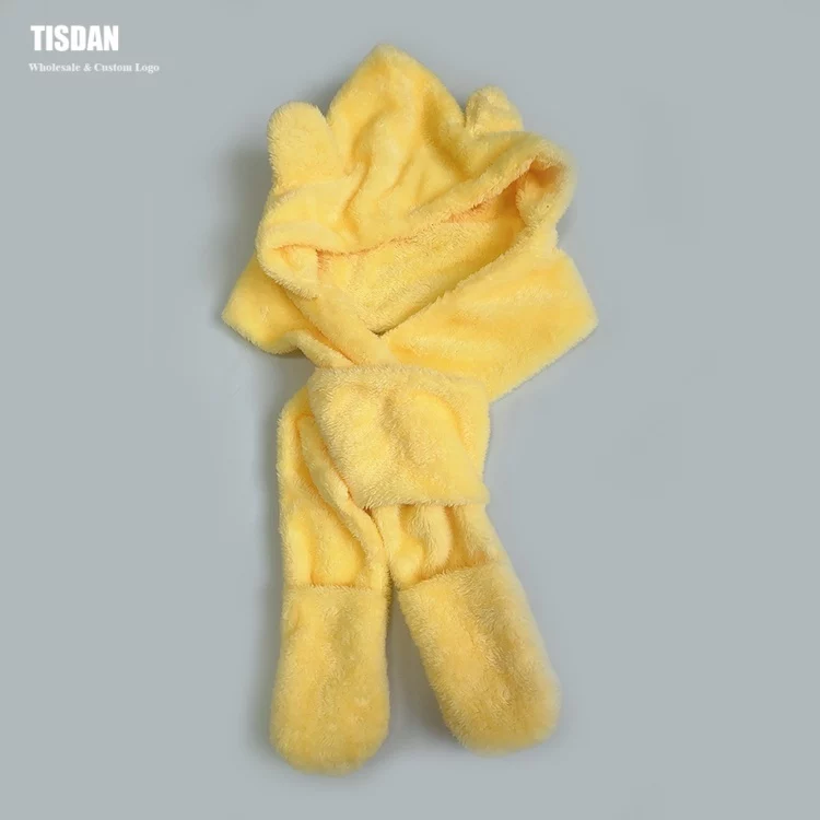 Custom Bear Ear Plush in Hat Scarf Gloves Set Yellow – Winter Warm Hooded Scarf Small MOQ OEMODM