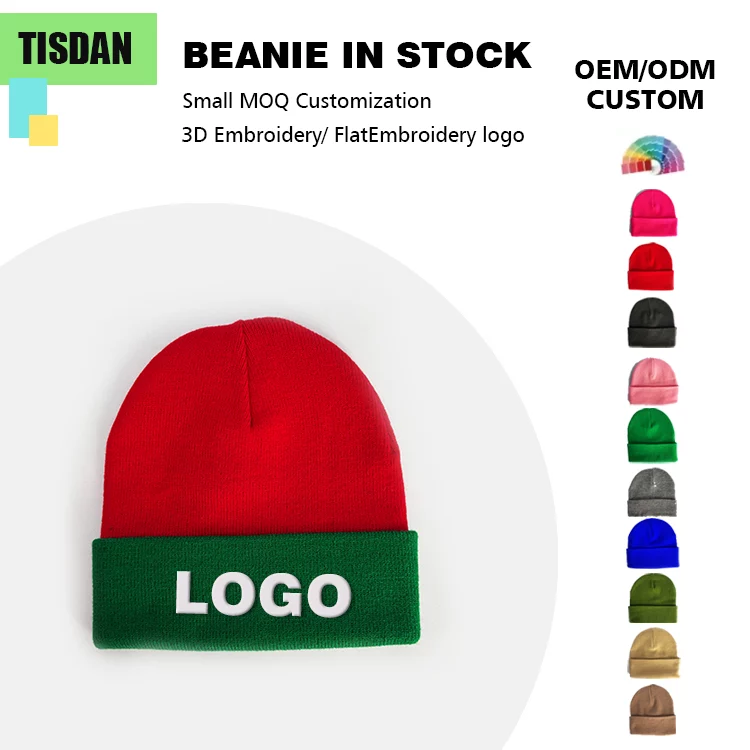 Custom Knit Beanie Hats with Embroidery Logo Red Crown & Green Cuff –Small MOQ OEMODM Wholesale
