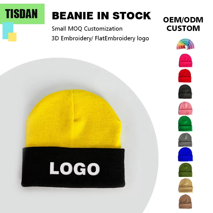 Custom Knit Beanie Hats with Embroidery Logo Yellow Crown & Black Cuff – Small MOQ OEMODM Wholesale
