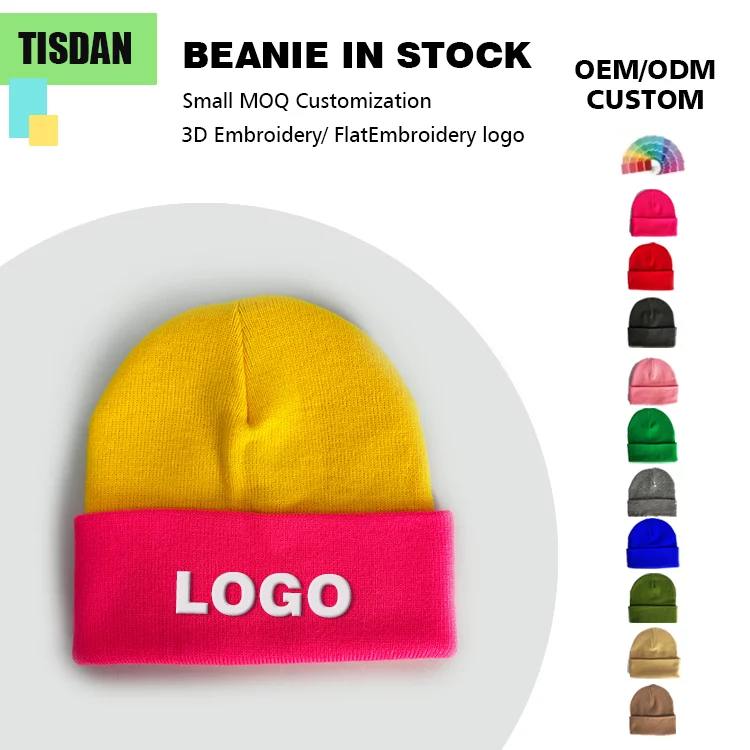 Custom Knit Beanie Hats with Embroidery Logo Yellow Crown & Hot Pink Cuff – High Quality Acrylic ()