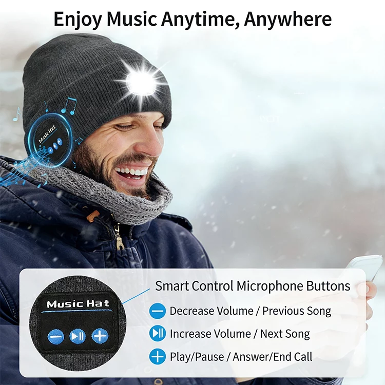 High Visibility LED Bluetooth Beanie Winter Knit Hat with Light & Wireless Headphones ()