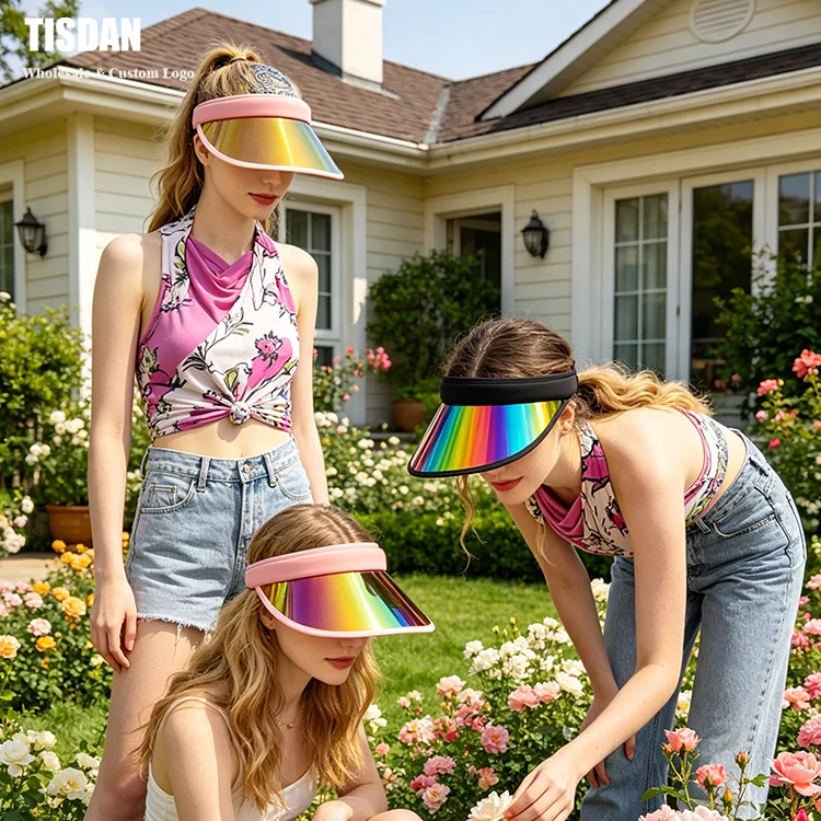 Holographic Iridescent UV Protection PVC Visor Hat Pink Trim Sports Sun Visor