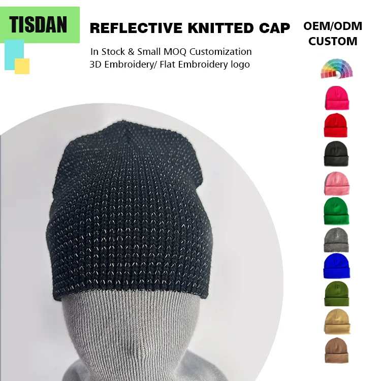 Reflective Thread Knit Beanie with Custom Logo Black – UV Protection & Warm Knit Hat