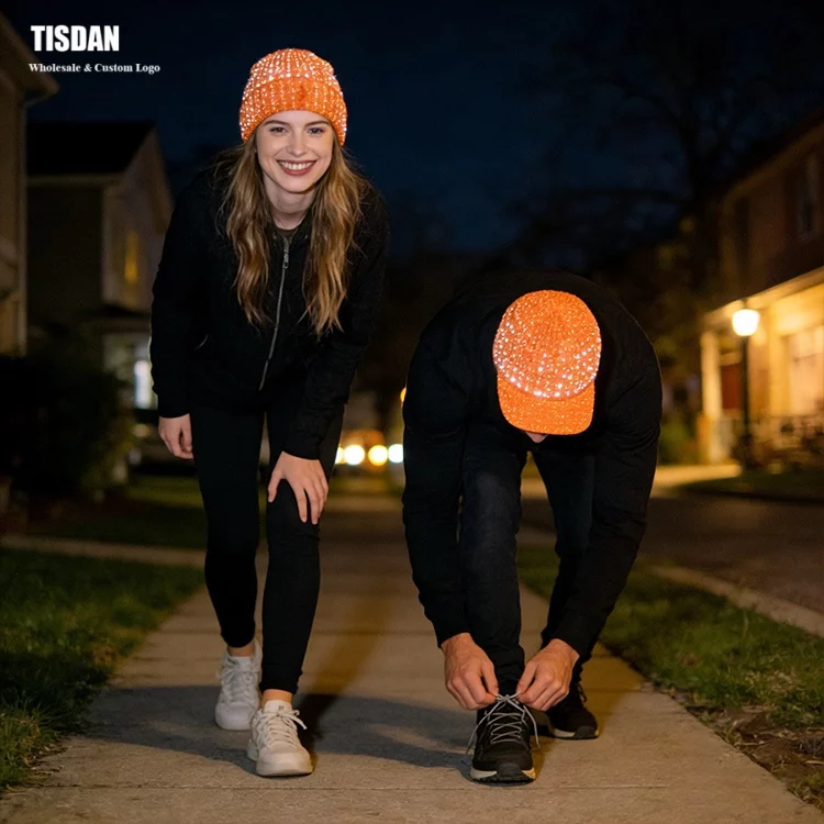 Reflective Thread Knit Beanie with Custom Logo Orange – UV Protection & Warm Knit Hat ()