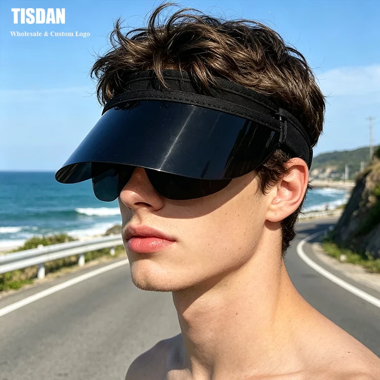 Scratch Resistant Short Brim PVC Sun Visor Black Brim and Black Headband Custom Logo Sports Sun Visor ()