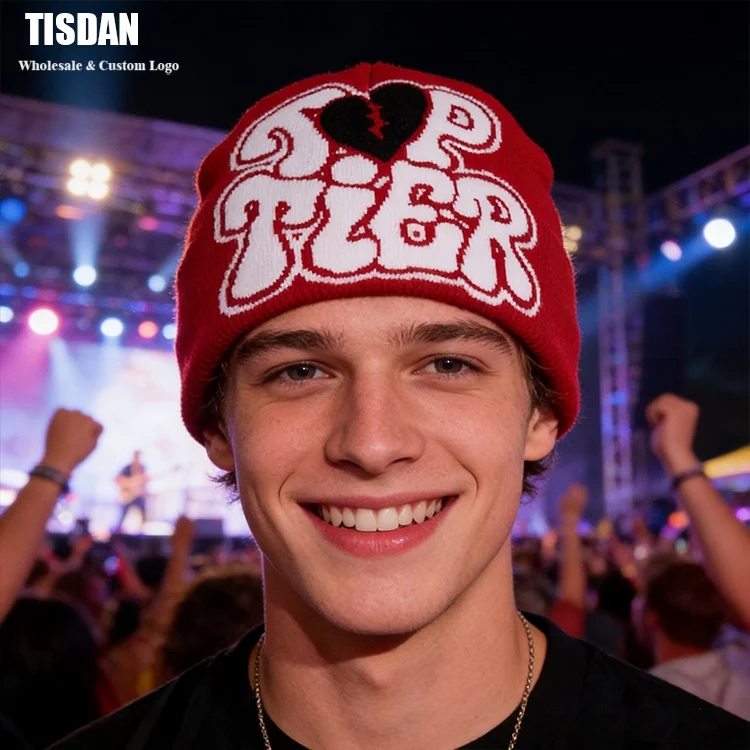 Unisex Jacquard Knit Beanie Red – Custom Logo Acrylic Hat ()