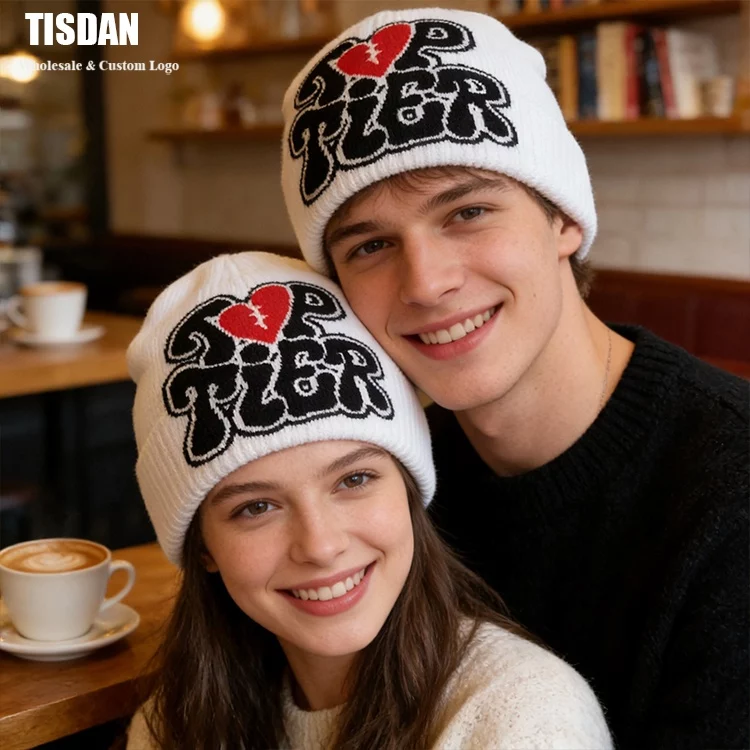 Unisex Jacquard Knit Beanie White – Custom Logo Acrylic Hat ()