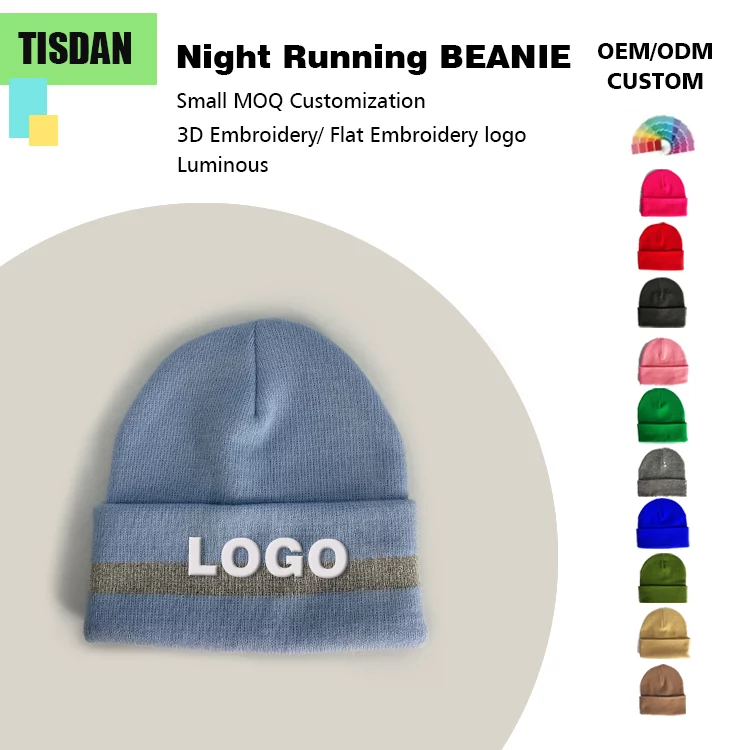 Winter Reflective Beanie Hat with Logo Customization Light Blue – UV Protection & Warm Knit Hat
